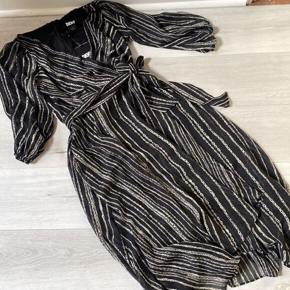 DKNY Metallic Stripe Print Surplice VNeck 3/4 Balloon Sleeve Tie Waist Faux Wrap - Picture 7 of 8